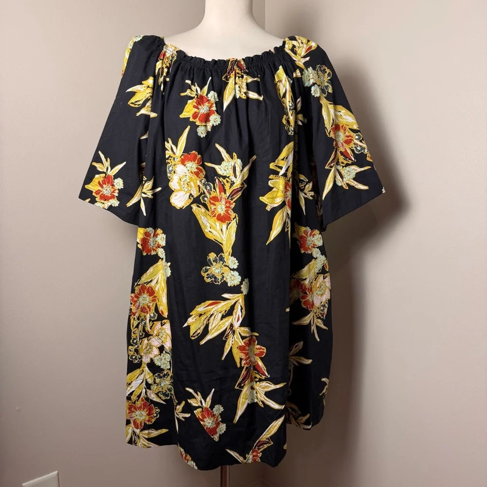 FREE PEOPLE Jodie Tropical Print Kimono Sleeve Mini Dress BLACK / LARGE - Picture 2 of 14